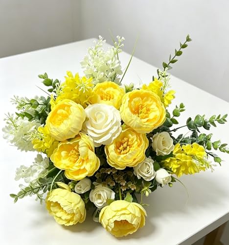 HUAESIN 6Pcs Peonies Artificial Flowers Silk Rose Bouquets Yellow White Faux Floral Arrangements for Indoor Vase Home Table Centerpieces Wedding Outdoor Cemetry Flowers - color: Yellow