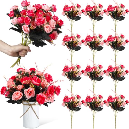 Hotop 12 Bunches of Artificial Flowers Centerpiece 13 Inches Silk Fake Roses Bouquets for Table Decoration Faux Arrangement Flowers for Wedding Cemetery Memorial Day (Rose Red) - color: Rose Red