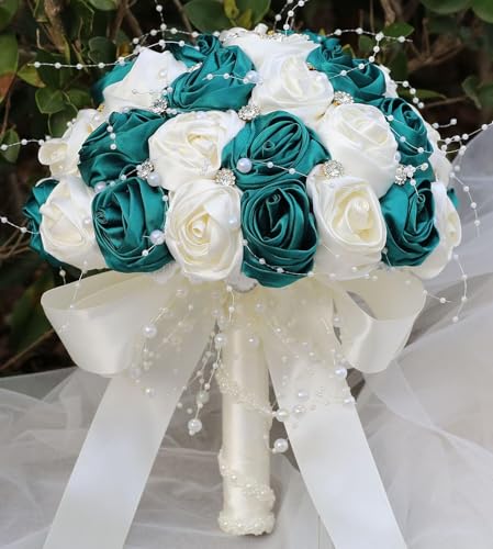 Ujicde Romantic Wedding Bouquet Bridal Bridesmaid Round Bling Brooch Bouquet Throw Toss Artificial Rose Flower Bunch with Sparkle Rhinestone Crystal Decoration(Dark Green+Ivory,Dia. 6.3"*16cm) - color: Dark Green+ivory, size: Dia. 6.3"*16cm