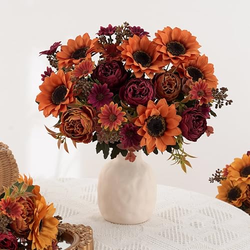 3 Bunches Sunflowers Fake Flowers, Fall Silk Artificial Sunflowers Decorations for Home Office, Wedding, Autumn Floral Arrangements, Halloween, Thanksgiving, Harvest Festival Decoration - color: Deep Yellow