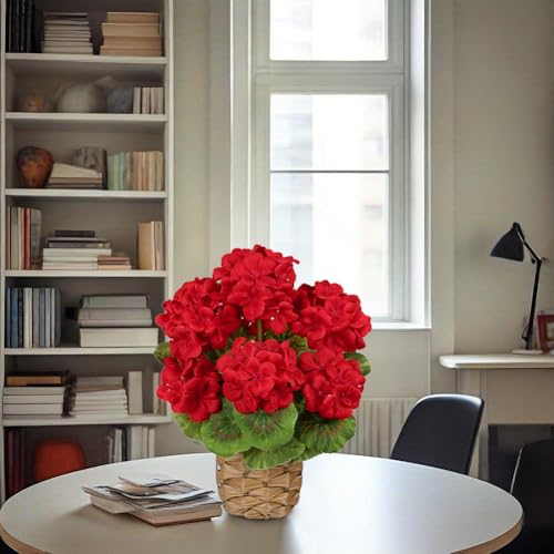 Briful Artificial Geraniums Flowers Potted Plant - 13.7'' Tall Faux Red Silk Realistic Lush Geraniums Flowers in Basket, Indoor&Outdoor Decorative Plant, Farmhouse Home Porch Office Patio Table - color: Red, Basket