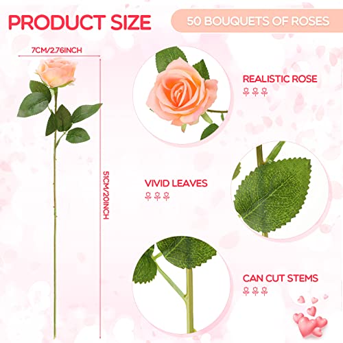 Jexine 50 Pcs Artificial Rose Flower Bulk Realistic Silk Fake Roses with Long Stem Plastic Artificial Flower Bouquet Real Looking for Home Wedding Centerpieces Party Decoration(Champagne) - color: Champagne