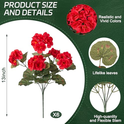 Ammyoo Artificial Geranium Flowers for Outdoors Decoration, 6 Pcs Fake Silk Geraniums Flower UV Resistant Look Real Faux Plants for Spring Garden Porch Planter Yard Table Centerpieces Decor - color: A-red