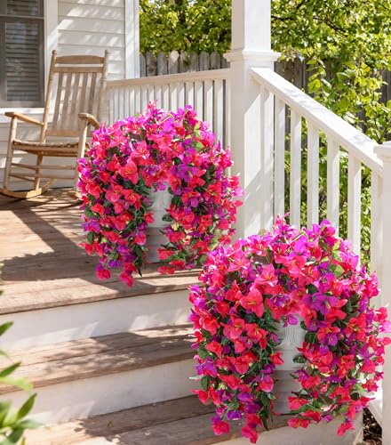 Faux Bougainvillea Artificial Flowers Plants for Outdoors Outside Decoration, 2pcs Fake Flowers Silk Long Trailing Vines UV Resistant Realistic for Front Door Porch Planter Urn Patio Balcony Yard, Mix - color: Purple Hot-pink