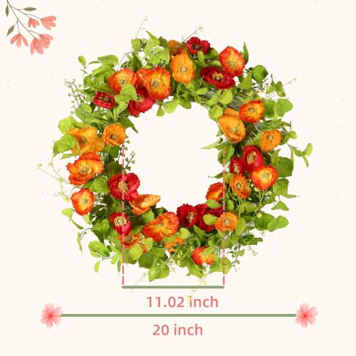 YNYLCHMX 20" Spring Summer Wreaths for Front Door, Artificial Floral Wreath with Poppy Flowers Green Tea Leaves, Green Foliage Wreath for Wall Window Farmhouse Party Holiday Home Decor - color: Artificial Poppy Flowers