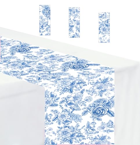 3 PCS Blue Floral Table Runner 14 x 108 Plastic Flower Table Runner for Party Birthday Baby Shower Bridal Shower Wedding Disposable Table Runners - color: Blue Floral Table Runner, size: 3 PCS