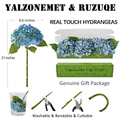 YalzoneMet 3 Pcs Blue/Green Hydrangea Artificial Flowers 21'' Real Touch Latex Hydrangea Faux Flowers for Wedding Tables Centerpieces Baby Shower for Party Home Kitchen Living Room Decor - color: Blue-green