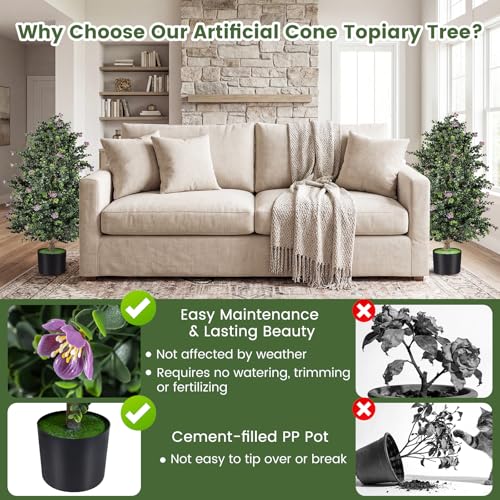 Goplus 2 Pack 36" Artificial Topiary Cone Tree, Faux Potted Shrub Plant w/49 Flowers, Cement-Filled Planter, Sun-Resistant Indoor Outdoor Evergreen Decoration for Home, Office, Front Porch (Purple) - color: Purple