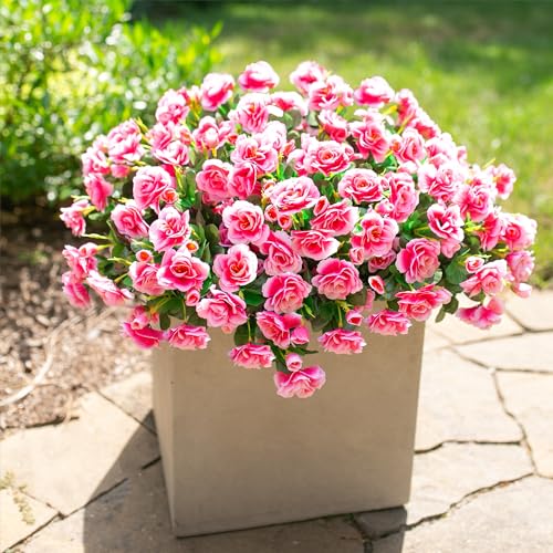 HyeFlora Artificial Faux Outdoor Flowers Plants for Spring Summer Decoration, Fake Silk Camellia UV Resistant Look Real for Planter Outside Front Door Porch Patio Balcony, 3 Large Bundles - color: Pink