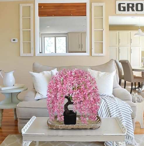 Artificial Flowers 18.5" Tall with Silk Wisteria Pink Flower Arrangement and Realistic Wood Fake Bonsai Tree Plants Faux Plants for Spring Home Bedroom Office Bathroom Coffee Table Centerpiece Decor - color: Pink-18.5