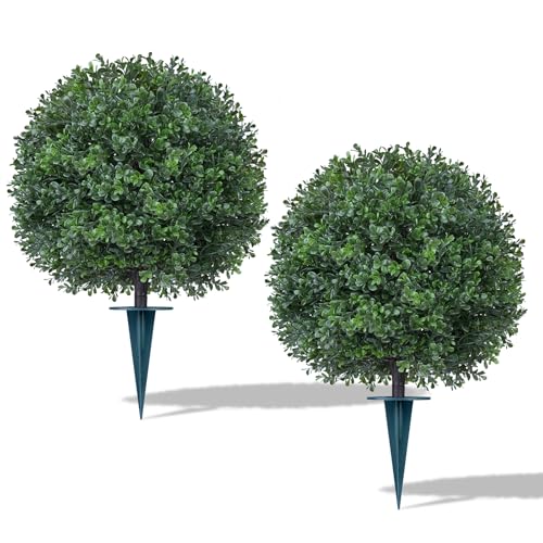 2Pack Artificial Boxwood Topiary Ball Trees,16''UV Resistant Fake Evergreen Shrubs Bushes Plants with Ground Spike, Fake Plants for Outdoor Indoor Front Porch Garden - color: Boxwood