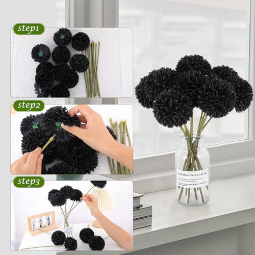 Rowfad 12 Pcs Black Artificial Chrysanthemums Flowers Silk Fake Mums Flowers for Halloween Ghothic Wedding Table Centerpiece Christmas Home Decor (12, Black) - color: Black