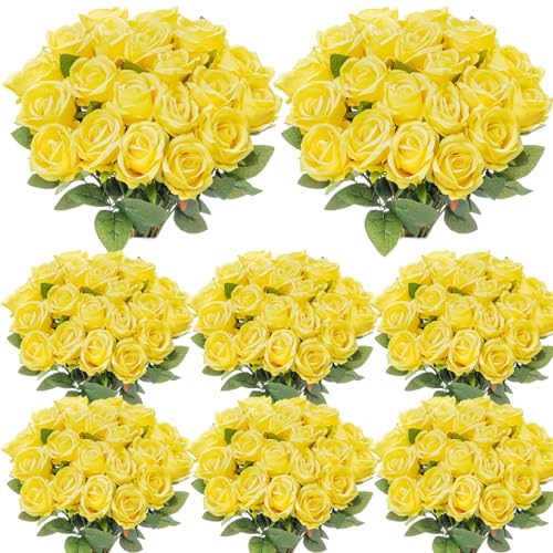 Hotop 80 Pcs Rose Artificial Flowers Bulk with Long Stem, Silk Roses Realistic Fake Flowers Bouquet for Wedding Table Centerpieces Bridal Shower Party Home Decorations(Yellow) - color: Yellow