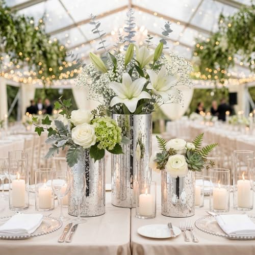 6 Pcs Silver Cylinder Vases for Centerpieces Mercury Vase Hurricane Vase Bulk Acrylic Round Wide Container for Flowers Home Office Wedding Table Decorations (4''/6''/8'') - color: Silver, size: 4''/6''/8''