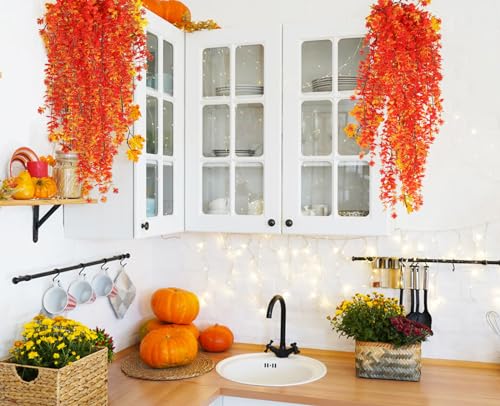 RECUTMS Artificial Hanging Plants Fall Faux Eucalyptus Leaf Fake Hanging Plants Fall Hanging Vines Artificial Flowers Faux Autumn Plants for Thanksgiving Indoor Outdoor House Wedding Party(Gold) - color: Gold, size: Hanging Plants