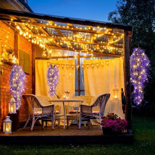 Mudder 3 Packs LED Artificial Hanging Plants, 3.6 ft Fake Hanging Plant, Ivy Vine Fake Leaves Greeny Chain Wall Home Room Garden Wedding Garland Outside Decor (Basket Not Included) (Purple Vine) - color: Purple Vine