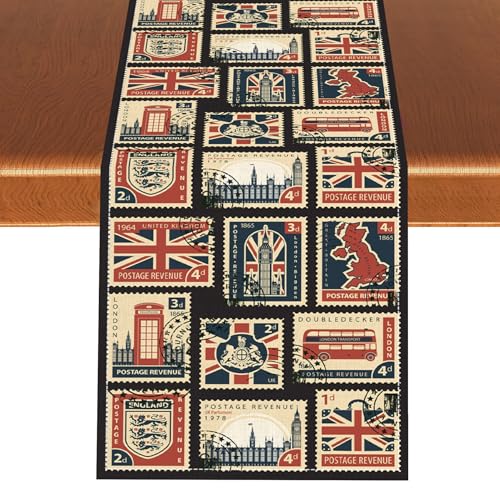 British Stamp Table Runner, Vintage England Buildings London Culture Element Retro Coffee Table Center Decor for Home Kitchen Dining Patio Holiday Party Table Decorations 13x36 inches - color: Tr-england05, size: 13x36" Table Runner
