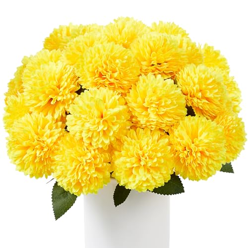SITUMEIZI 12 Pcs Yellow Artificial Chrysanthemums Flowers Ball Flower Fake Mums Silk for Fall Thanksgiving Day Wedding Home Kitchen Decoration Floral Arrangement - color: Yellow, size: 12 Pieces