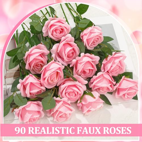 90 Pcs Pink Velvet Rose Artificial Flowers with Long Stems, Fake Silk Roses Real Touch Fake Roses Florals for Birthday Wedding Bouquet Party Arrangement Decorations - color: Pink