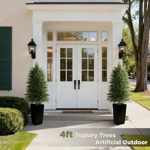 4FT Tall Artificial Cedar Topiary Tree with Full Bushy Columnar Shape, Realistic Faux Cypress in Square Black Pot with Fillable Water Bag, Outdoor Evergreen for Front Porch Garden Home Decor - color: Black-columnar Arbor, size: 4ft-1pack