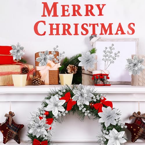Sggvecsy 30 Pcs 3 Styles Christmas Glitter Poinsettia Flowers Artificial Berry Picks Christmas Tree Ornaments Artificial Christmas Flowers with Clips for Xmas Wreath Wedding Floral Decorations(Silver) - color: Silver
