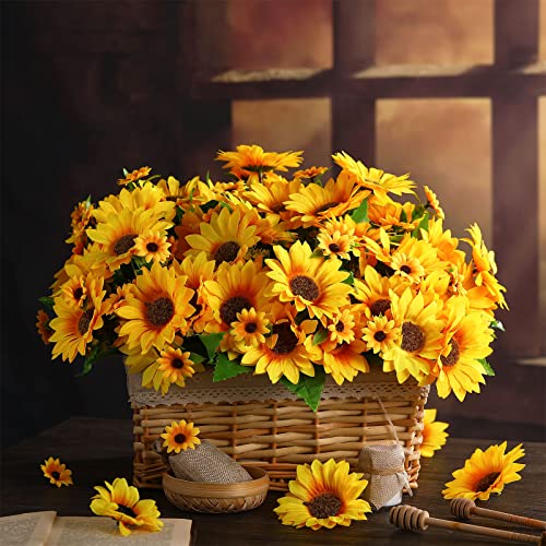Redbaker 24 Bundles Yellow Little Sunflower Faux Mums for Outdoor Artificial Flower with Stems Bouquet Fake Plants Bulk UV Resistant Plastic No Fade Wedding Fall Garden Home Window Decor - color: Yellow, size: Little Sunflower