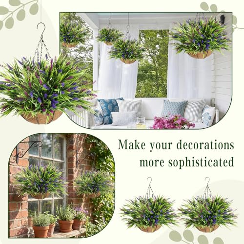 Hotop 2 Pack Outdoor Artificial Lavender Hanging Plants with Basket 16 Bundles UV Resistant Lavender in Coconut Liner Pot Spring Flowers Decor for Porch Patio Home Garden Decor(Light Purple,Purple) - color: Light Purple ,Purple