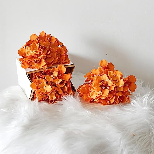 ONLY ART Orange Silk Hydrangea Flower Heads 10 Pcs with Removable Stems 12.5" Faux Flowers for Home, Wedding & Event Décor