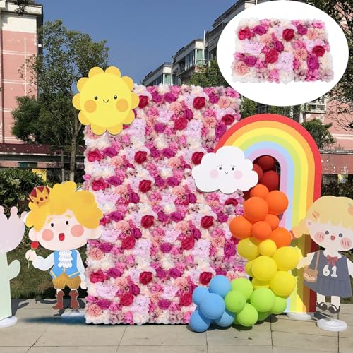 Flower Wall Panels 3D Flower Wall Backdrop, 6Pcs Flower Wall Backdrop Floral Wall Artificial Flower Background Silk Rose Decor Faux for Wedding Home Decoration (Fuchsia, 23.6 * 15.7in) - color: Fuchsia