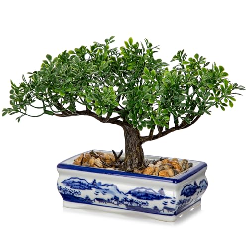 Artificial Bonsai Tree with Blue and White Porcelain Pot, Fake Bonsai for Home Office Desk Decor, Oriental Zen Tabletop Decoration, Faux Bonsai Plant for Living Room, Shelf & Gift - style: 5" BW porcelain