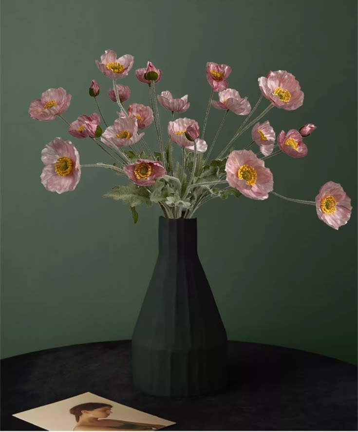 Set of 6 Poppies Flowers Artificial Silk Flowers with Long Stems Faux Wildflowers Bouquet for Vases Oil Pastel Style for Wedding Party Indoor Home Office Decor (Opal Pink) - color: Opal Pink