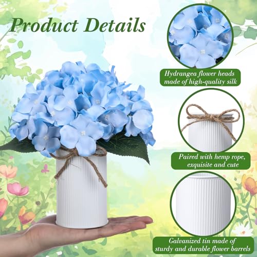 Zeyune Blue 12 Sets Wedding Flower Table Centerpieces Artificial Hydrangeas with Rustic Metal Vase Fake Hydrangea Flowers in Pot Floral Arrangement for Wedding Bridal Tea Party Table Home Decor - color: Blue