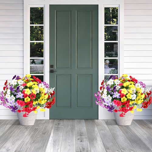 Artificial Petunia Flowers Outdoor, 12 Bundles UV Resistant Faux Plants | Silk petunias in purple, pink, yellow, white & red; UV resistant stems for planters, baskets, porch, garden decor. - color: Mix 6 Colors, size: 12 Bundles-Small Petunias