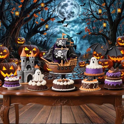 Halloween Misty Dark Forest Backdrop, Moon Night Creepy Scene Dark Pathway Pumpkin Bats Woods Photography Background, Ghost Themed Birthday Party Banner Decor Witch Photo Props 5X3FT - color: Black, size: 5X3FT