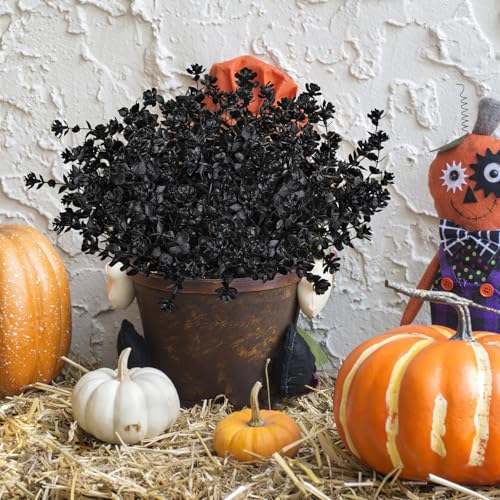 AmyHomie 16 Bundles Black Eucalyptus Artificial Flowers for Outdoor UV Resistant Faux Flowers No Fade Fake Plastic Plants Garden Porch Window Box Decorating - color: Black-eucalyptus, size: 16