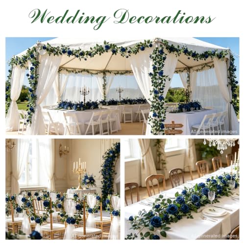2 Pack 11.2 Ft Artificial Flower Garland with White Roses, Realistic Fake Greenery Vines with 17 Roses Flowers for Wedding Table Centerpieces Arch Party Ceremony Backdrop Decor (Blue) - color: Blue