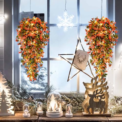 RECUTMS 2Pcs Artificial Fall Hanging Flowers for Outdoor Faux Fall Hanging Plant with 30 LED Fairy String Lights Fake Greenery Vines for Autumn Outdoor Front Porch Thanksgiving Decor(Autumn Red) - color: Lights Autumn Red-rose