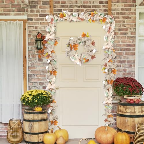 Fall Garland with Pumpkins and Berries – 6ft Artificial Maple Leaf Garland with Cream and Orange Leaves for Thanksgiving, Fireplace, Front Door, Farmhouse Autumn Decorations - color: Orange
