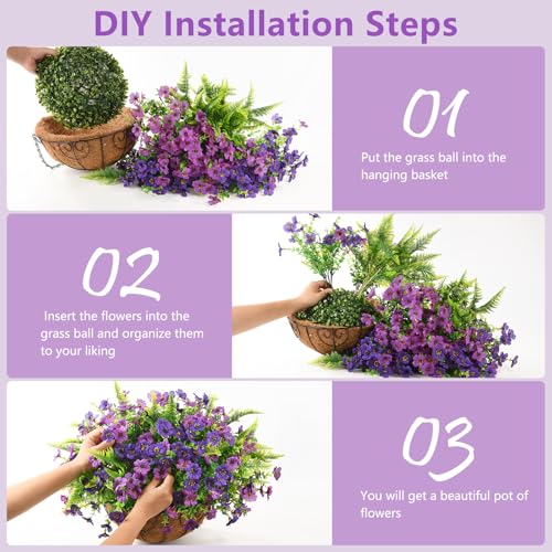 Artificial Flowers Hanging Baskets, Multicolor 12 Bundles Faux Flower with Ferns Outdoor Hanging Basket Spring Summer Decoration, Fake Flowers Plants for Porch Patio Balcony Home Yard Decor - color: Double Purple With Ferns