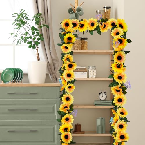 8 Pack Artificial Sunflower Garland Decor,7.5ft Fake Sunflower Vines with Green Leaves, Silk Flowers Garland for Tables Centerpieces Outdoor Party Birthday Bridal Shower Wedding Decorations - color: Sunflower, size: 8 Pack
