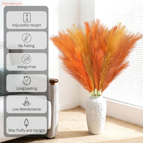 Agusbagli 8 Pcs Orange Faux Pampas Grass Decor 35“ Fluffy Fall Artificial Colored Pampas Grass Large Fake Pompous Grass Stems Tall Flower Arrangement Floor Vase Filler for Home Wedding Boho Decor - color: Orange & Caramel & Apricot