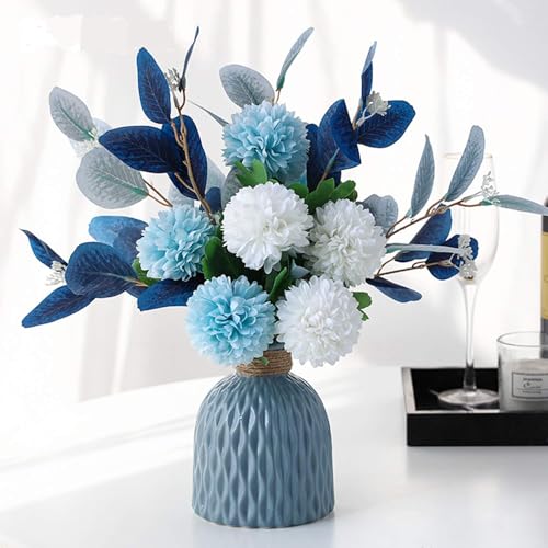 Artificial Flowers with Ceramic Vase Faux Hydrangea Flower Arrangements Table Centerpieces for Home Garden Party Wedding Decoration - color: Blue