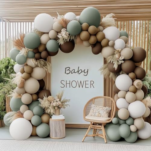 Dusty Green Nude Balloon Arch Double Stuffed Sage Green Brown Beige White Sand Cream Balloon Garland Kit for Neutral Baby Shower Birthday Wedding Woodland Wild One Dinosaur Fall Boho Party Decor - color: Dusty Green Nude