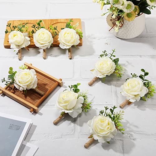 Sherr 12 Pcs Rose Boutonniere for Men Wedding Corsage Rose Groom and Groomsmen Boutonniere with Artificial Flower for Rustic Vintage Wedding Ceremony Anniversary Dinner Prom Party (White) - color: White