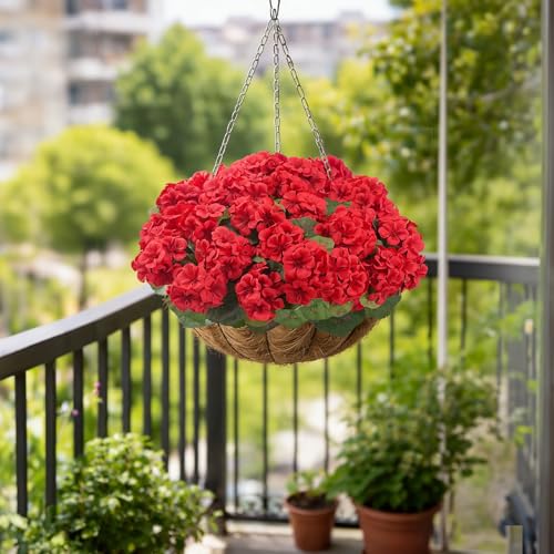 12Pcs Red Geraniums Artificial Flowers Realistic Silk Faux Geranium Outdoor UV Resistant Bush Planter Fake Outside Plants for Porch Patio Garden Cemetery Home Decor (Red) - color: Red-12pcs