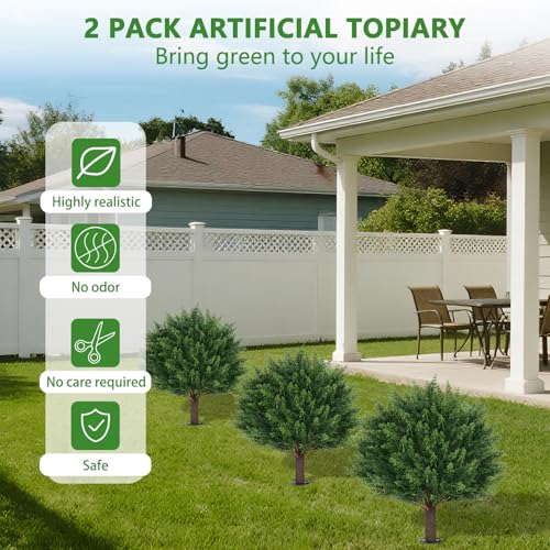 Yangrass Artificial Set of 2 Cedar Topiary Ball Trees 23" for Outdoors with Ground Spike, UV Resistant Faux Cypress Plants, Evergreen Shrubs Bushes for Front Porch Garden Backyard Decor - color: Cedar