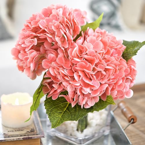 FiveSeasonStuff Blush Pink Apricot Glow Real Touch Hydrangea Flowers – 2 Large Long Stem Artificial Silk Hydrangeas for Floral Arrangements, Home or Wedding Decor – Gift Box Included - color: Blush Pink Apricot Glow (2 Stems)