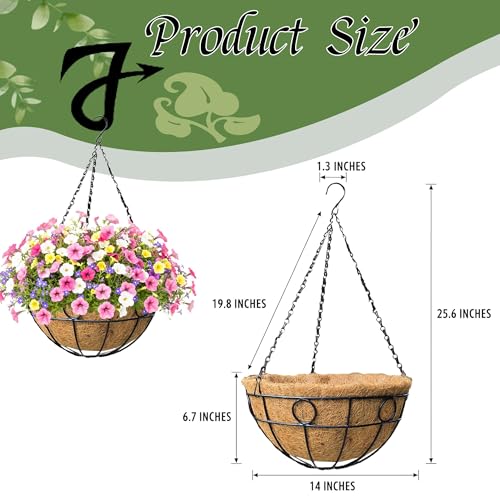 Classic Round Wire Hanging Basket 4 Packs 14 Inch Deep Coco Liner Water-Absorbing All-Weather Garden Deck Hanging Planter with Chain Flower Pot - size: 14 Inch, style: Circular