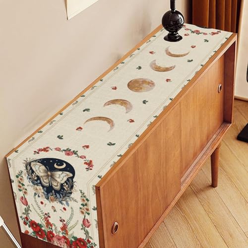 Gothic Moth Table Runner, Boho Floral Gothic Sun Moon Phase Mystical Witchy Starlight Coffee Table Center Decor for Home Kitchen Dining Patio Holiday Party Table Decorations 13x36 inches - color: Tr-moth07, size: 13x36" Table Runner