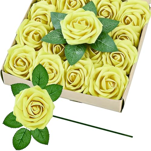 30pcs Real Looking Yellow Foam Artificial Roses with Stems, Fake Rose Flowers for DIY Wedding Bouquets Bridal Shower Centerpieces Home Party Tables Valentine's Day Mother's Day Decor Gift - color: 30pcs Yellow